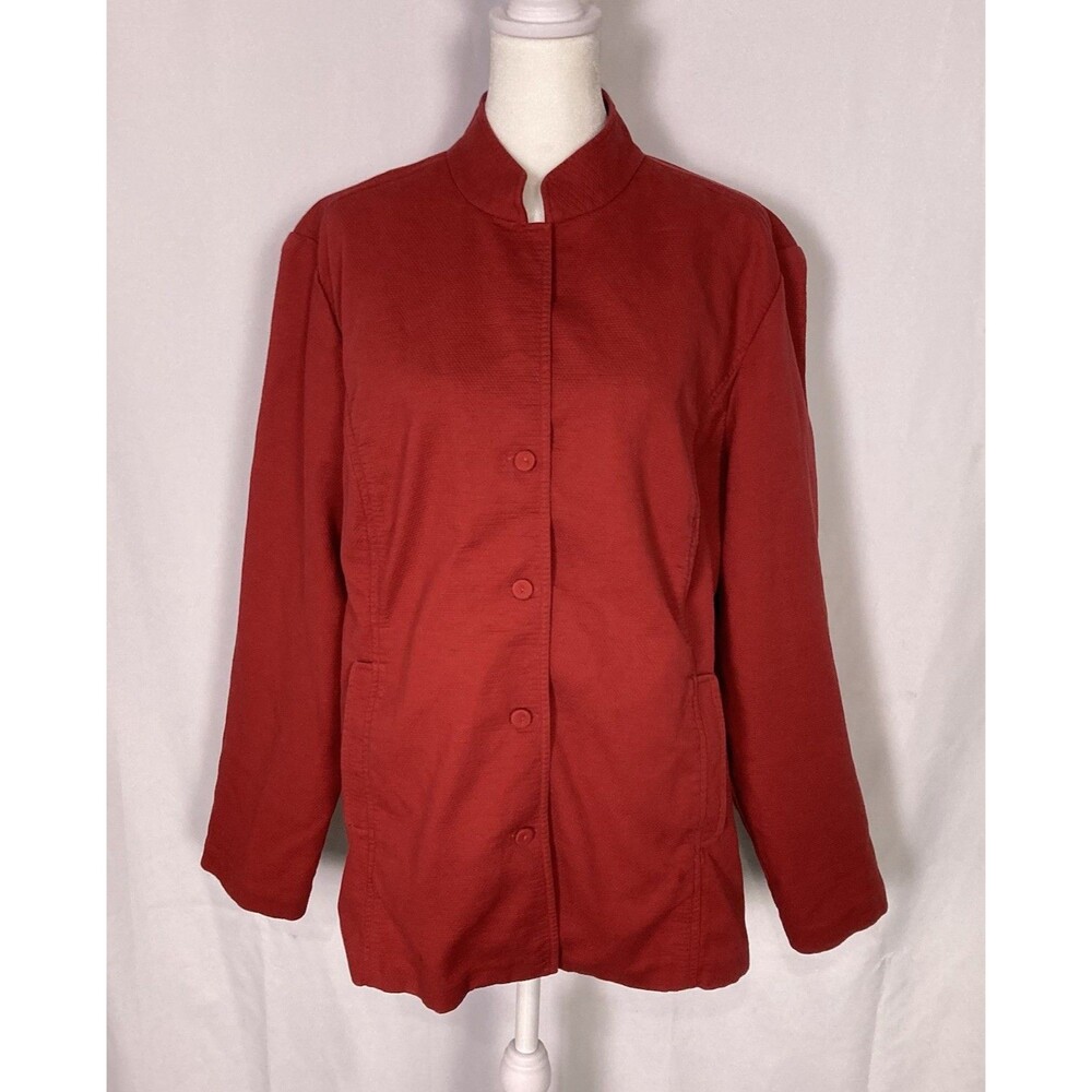 Eileen Fisher Size XL Jacket Button Up Red-Orange Stretch Cotton Shirt EUC